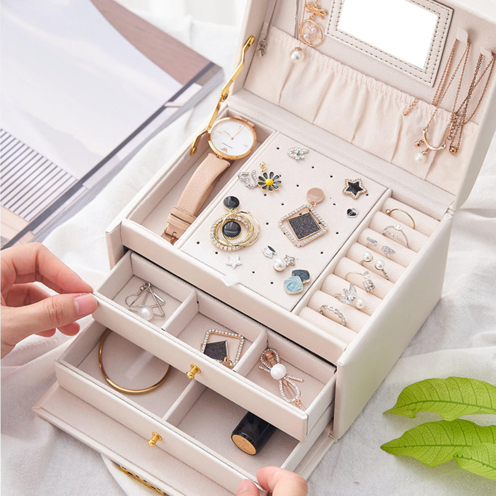 Kayannuo Clearance Jewelry Box With Lock And Mirror Jewelry Organizer  Storage Case With 3-Layers Display For Earrings Bracelets Rings Watches